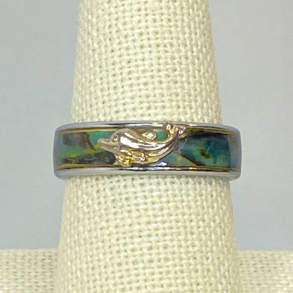 Vintage‎ Silver Tone Dolphin Green Blue Abalone Mother of Pearl Shell Band Ring